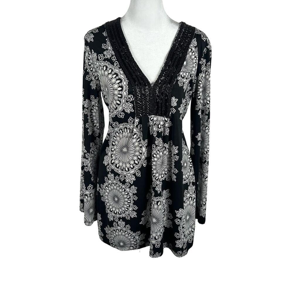 INC International Concepts Black Long Sleeve Stretch Top Medium Embellished